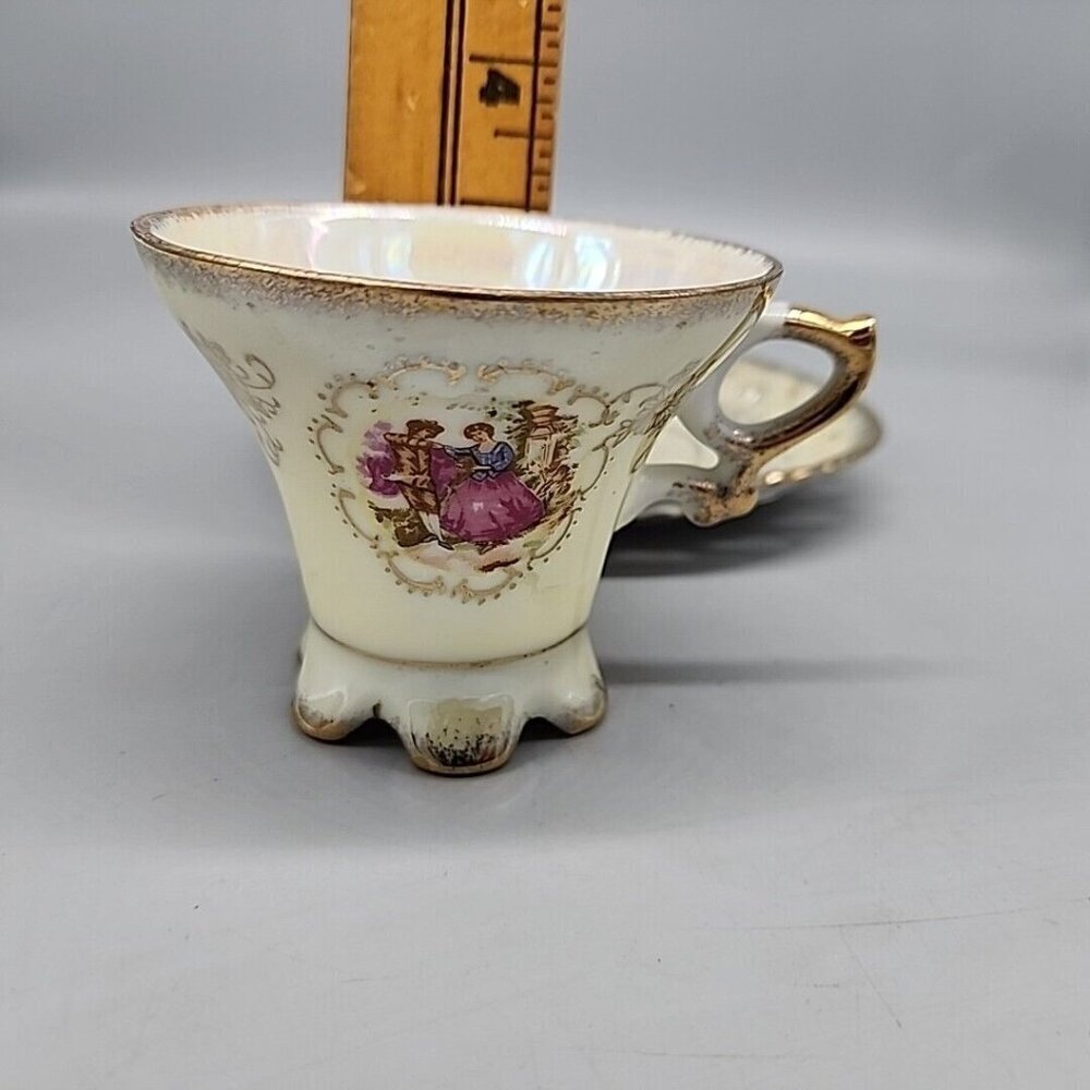 Vintage Enesco Tea Cup & Saucer Set Iridescent Gold Edge Victorian Women - Picture 8 of 8